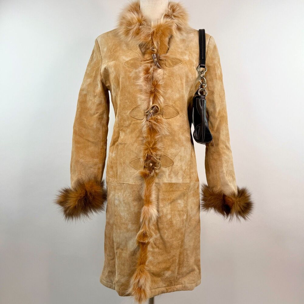 Vintage Tan Suede Midi Coat Genuine Fur Trim Penny Lane Afghan Coat Size S Y2K